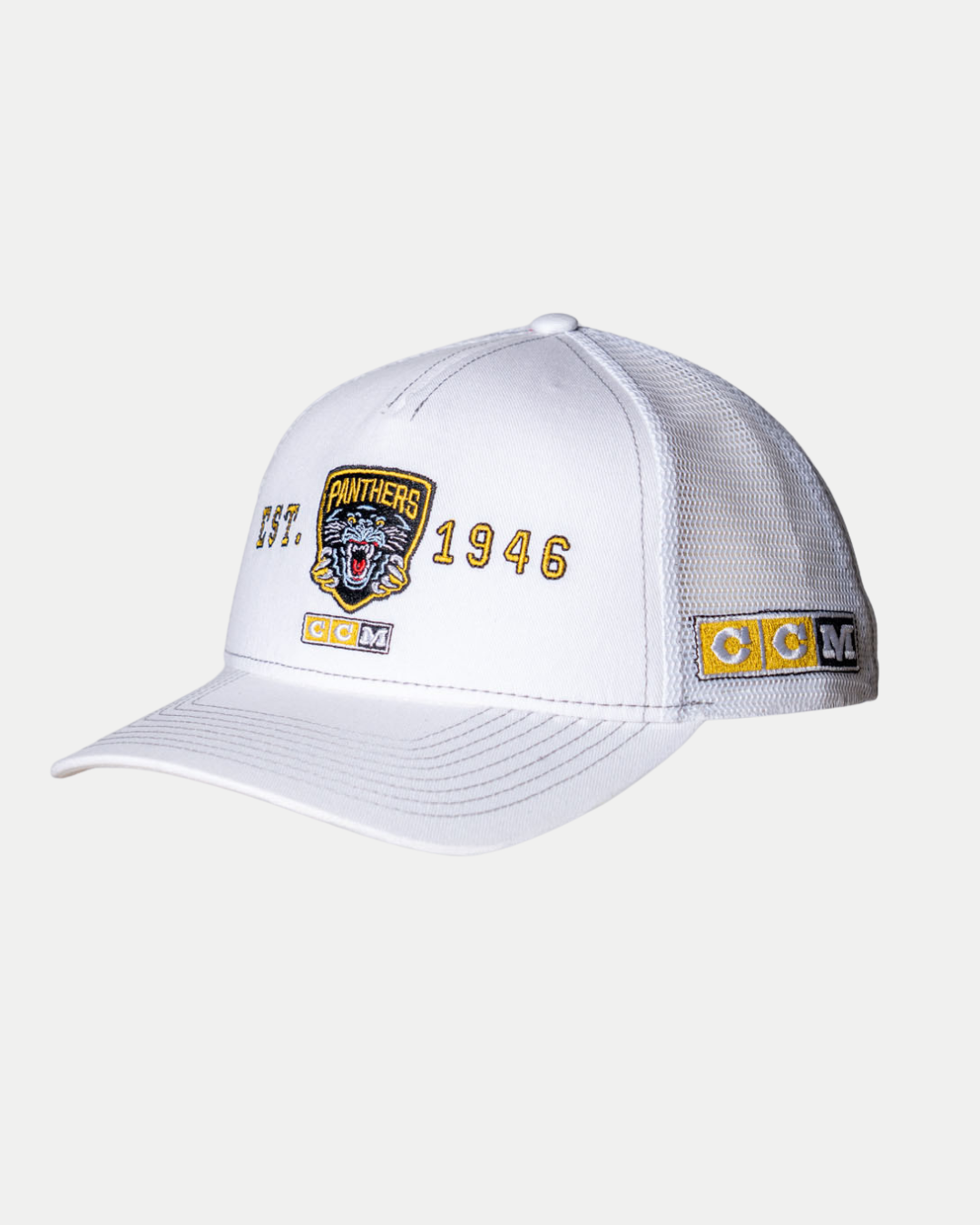 The Panthersland Nottingham Panthers 25-26 CCM White Mesh Back Trucker features a front Panthers logo, EST. 1946 in yellow, and CCM patches on the front and side.