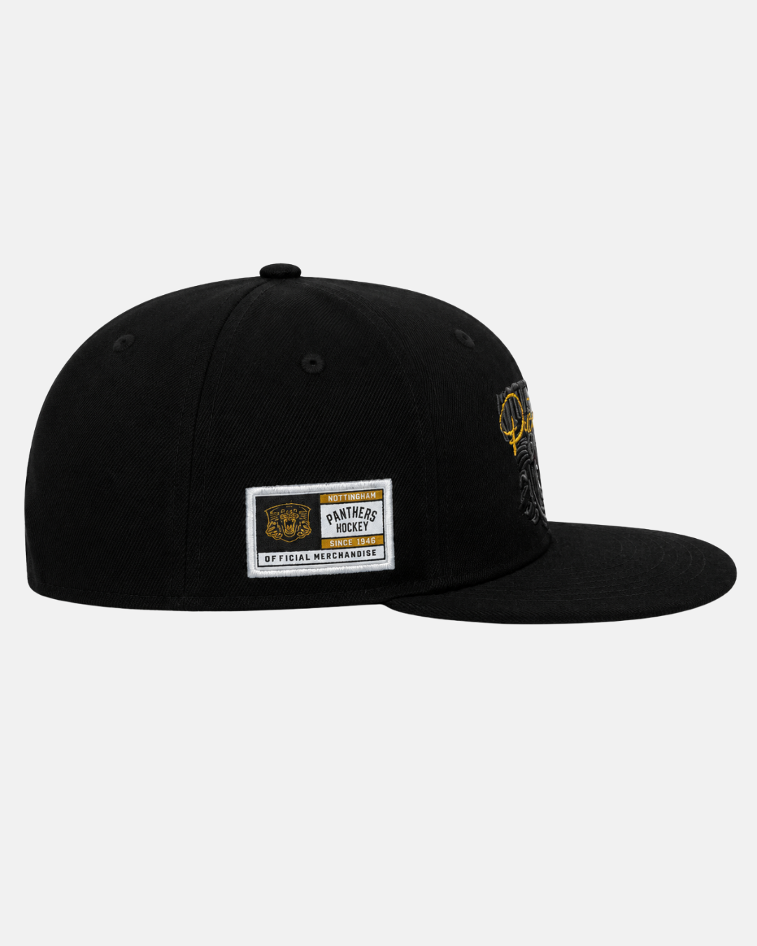 A black flat-brim Panthersland 26-27 Signature Snapback Cap featuring a side patch with “Pantera Official Merchandise” alongside a yellow graphic and barcode. The hat’s front displays a partially visible crest logo, offering distinctive style inspired by classic Nottingham Panthers merchandise.