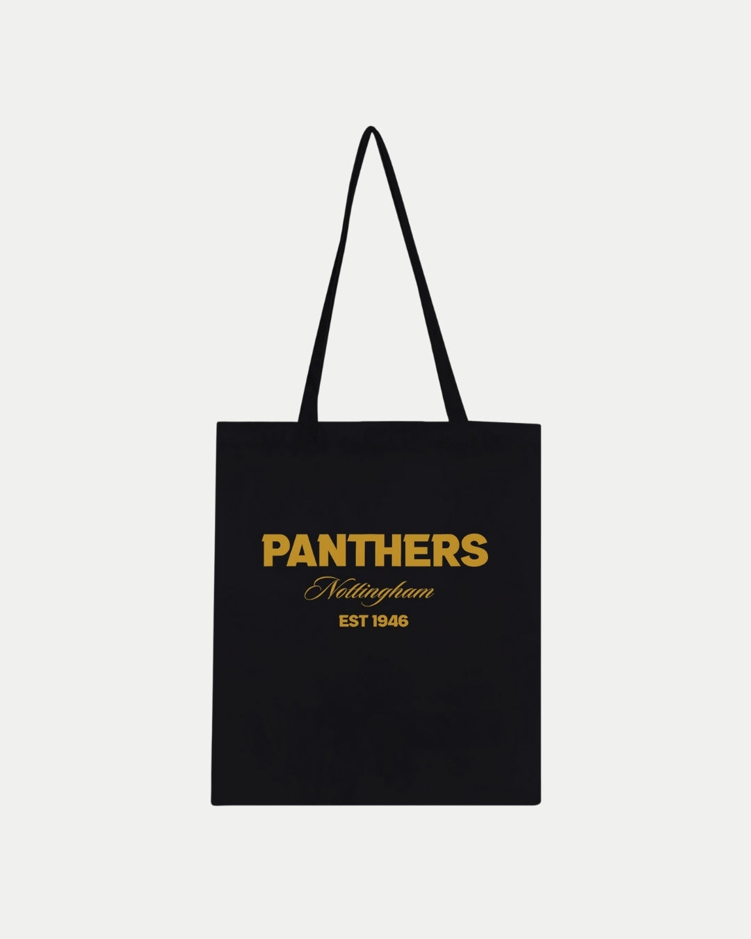 The Nottingham Panthers Made-To-Order Panthers Est 1946 Tote Bag in black features long handles and gold front text: PANTHERS Nottingham EST 1946—a stylish, eco-conscious choice.
