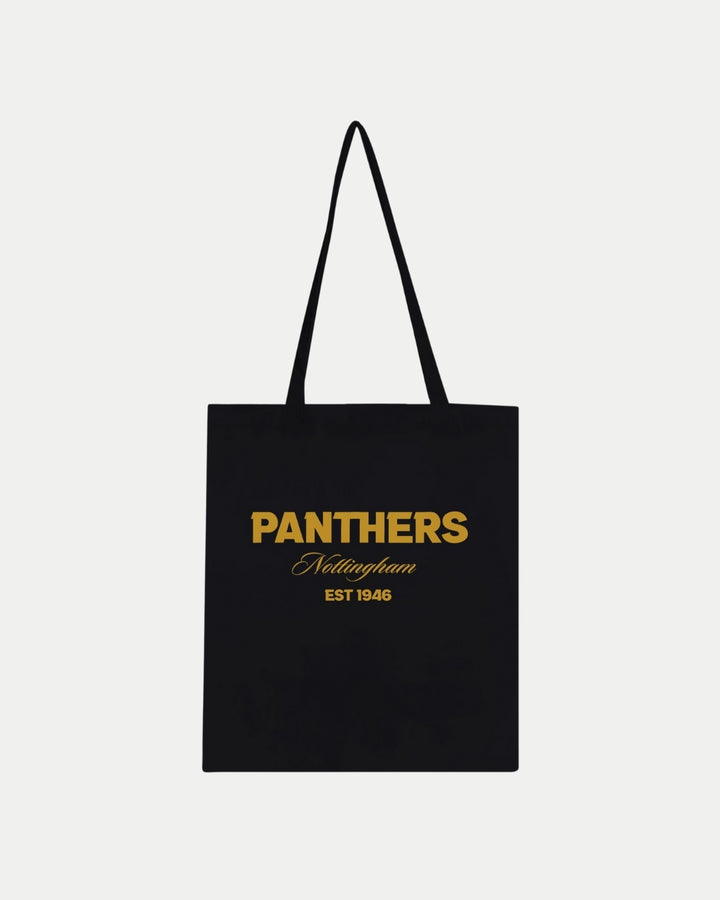 The Nottingham Panthers Made-To-Order Panthers Est 1946 Tote Bag in black features long handles and gold front text: PANTHERS Nottingham EST 1946—a stylish, eco-conscious choice.