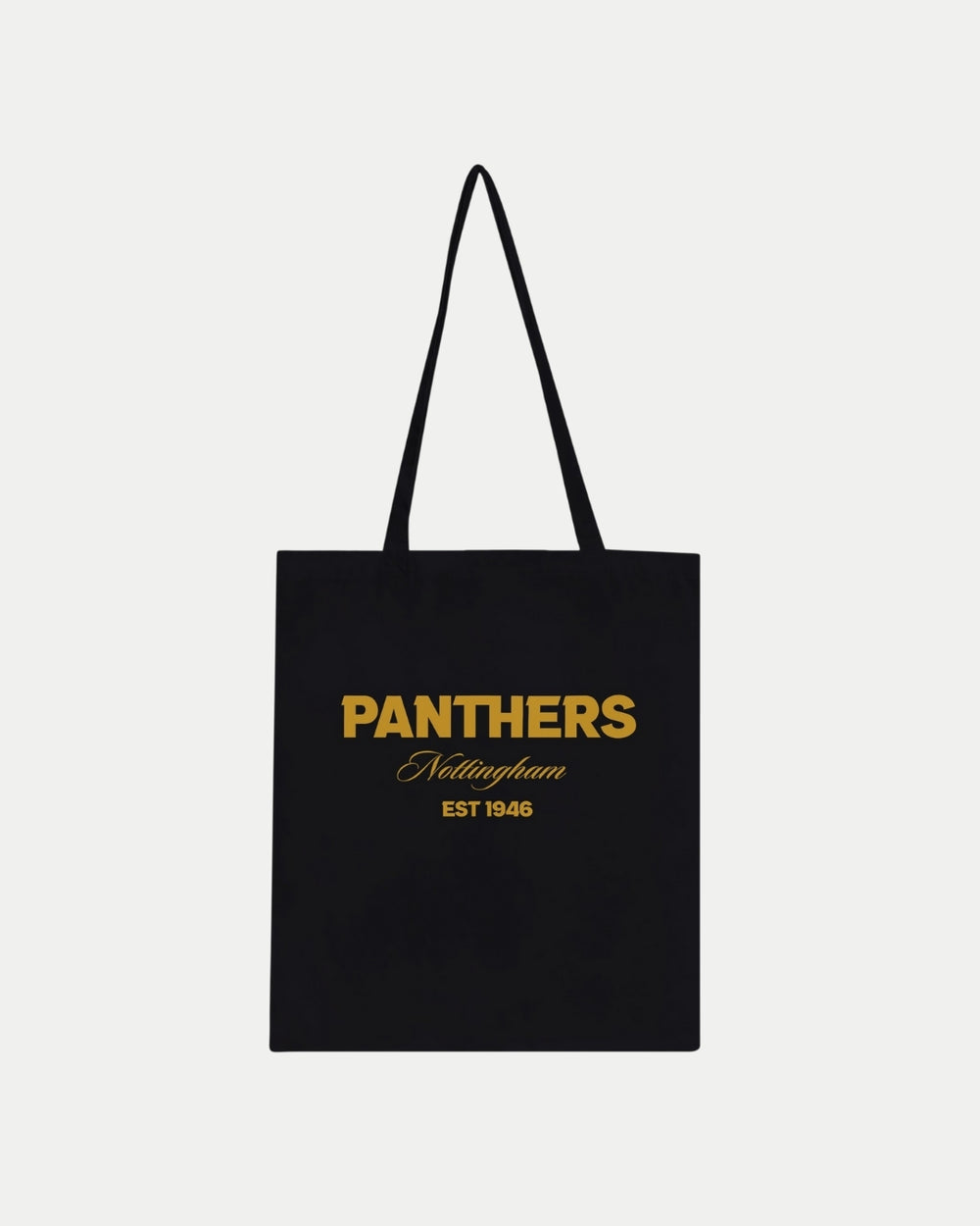 The Nottingham Panthers Made-To-Order Panthers Est 1946 Tote Bag in black features gold “PANTHERS Nottingham EST 1946” print, a minimalist eco-friendly design, and long handles. Branding and details shown on a plain white background.