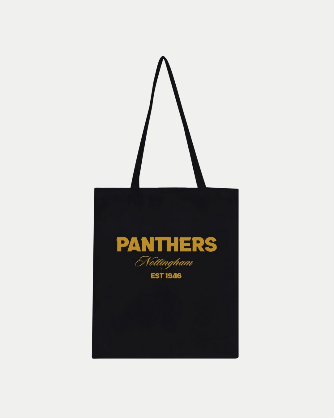 The Nottingham Panthers Made-To-Order Panthers Est 1946 Tote Bag in black features gold “PANTHERS Nottingham EST 1946” print, a minimalist eco-friendly design, and long handles. Branding and details shown on a plain white background.