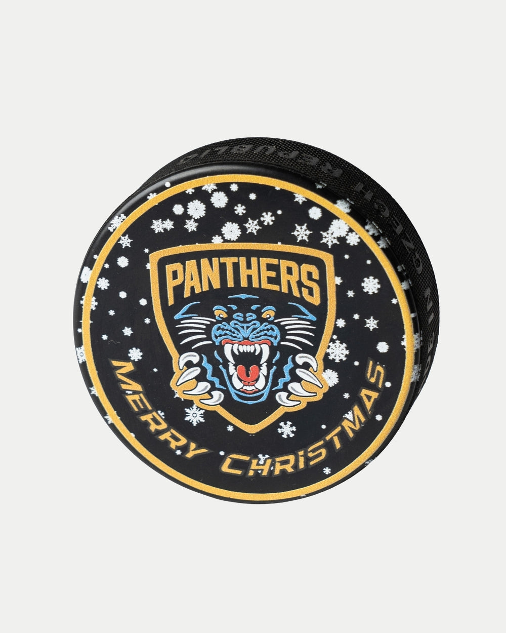 The Panthers Christmas Puck by Nottingham Panthers features the team logo, festive snowflakes, and Merry Christmas around the border.