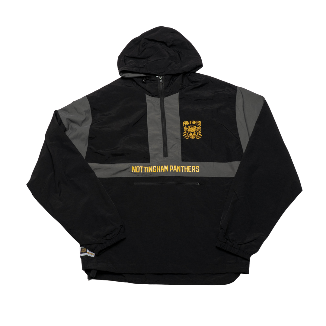 The Panthersland Nottingham Panthers Anorak Black 25-26 is a water-resistant pullover featuring “NOTTINGHAM PANTHERS” in yellow across the front, a yellow panther logo, and “PANTHERS” on the chest—perfect for any fan.