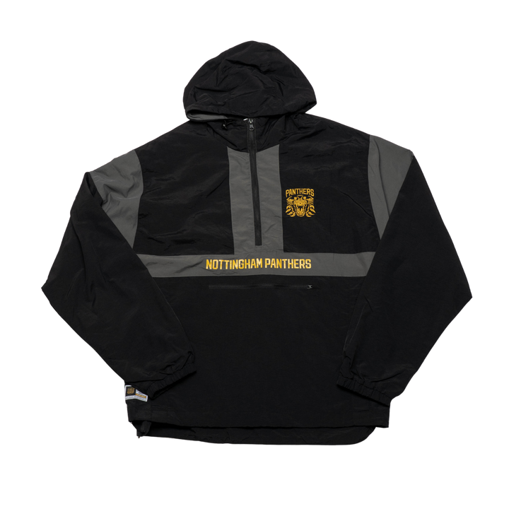 The Panthersland Nottingham Panthers Anorak Black 25-26 is a water-resistant pullover featuring “NOTTINGHAM PANTHERS” in yellow across the front, a yellow panther logo, and “PANTHERS” on the chest—perfect for any fan.