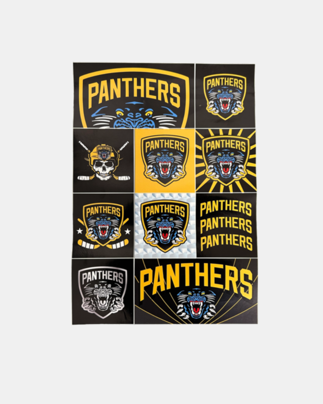 A set of ten rectangular Nottingham Panthers stickers from Panthersland featuring PANTHERS and stylized panther heads in black, yellow, white, and blue—ideal for showing your Panthers pride.
