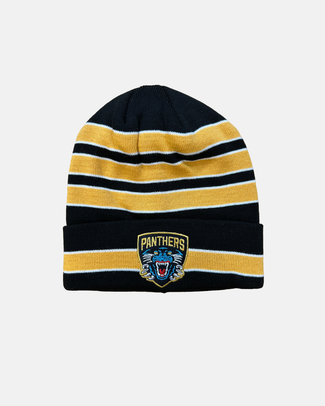 The Panthersland Nottingham Panthers 2026 Striped Beanie is a black knit hat with yellow and white horizontal stripes and a front cuff patch featuring the roaring panther logo.