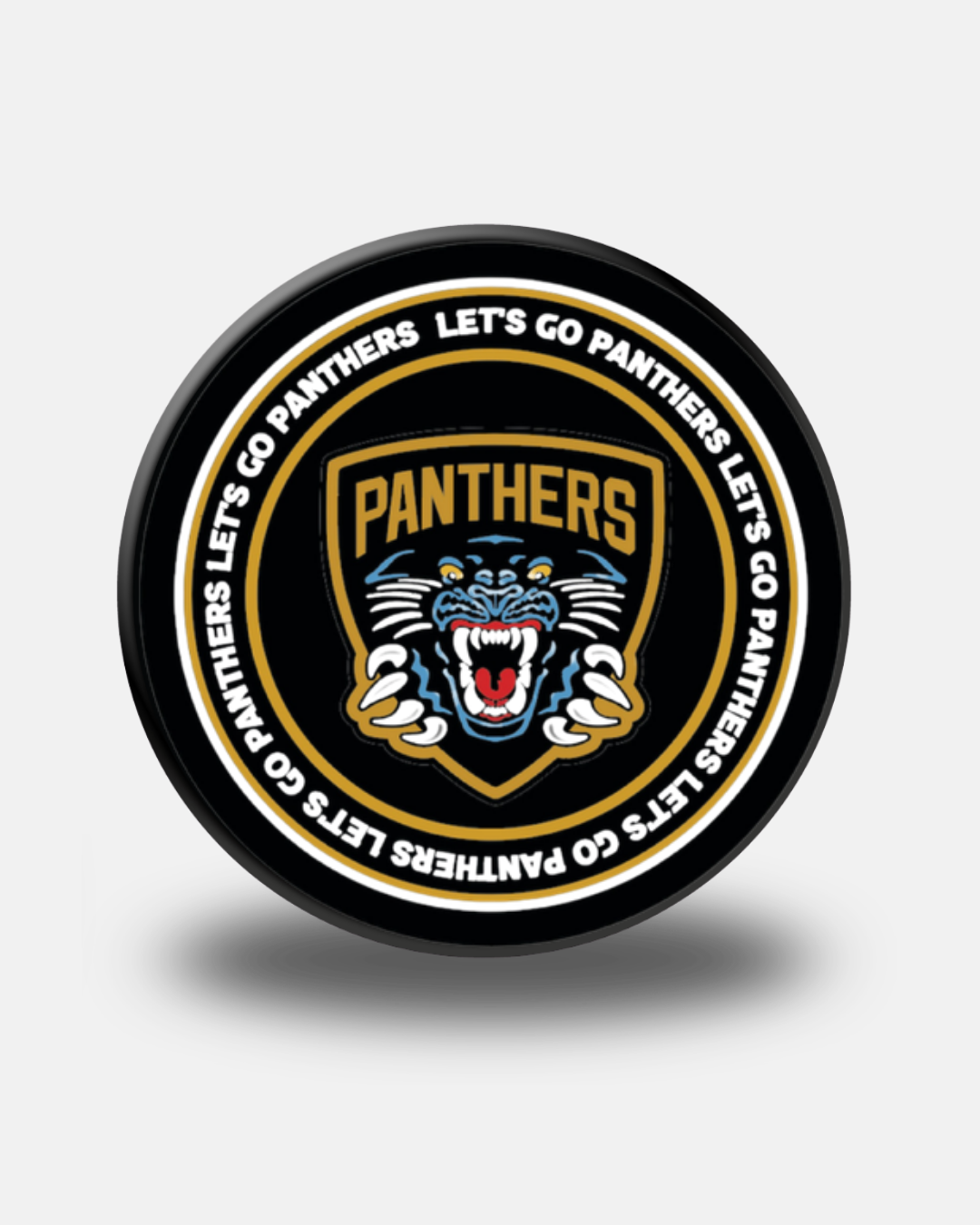 The Panthersland Nottingham Panthers 26-27 Circle Puck showcases a snarling panther logo with "PANTHERS" above it, while the phrase "LETS GO PANTHERS" circles the edge on a black background.