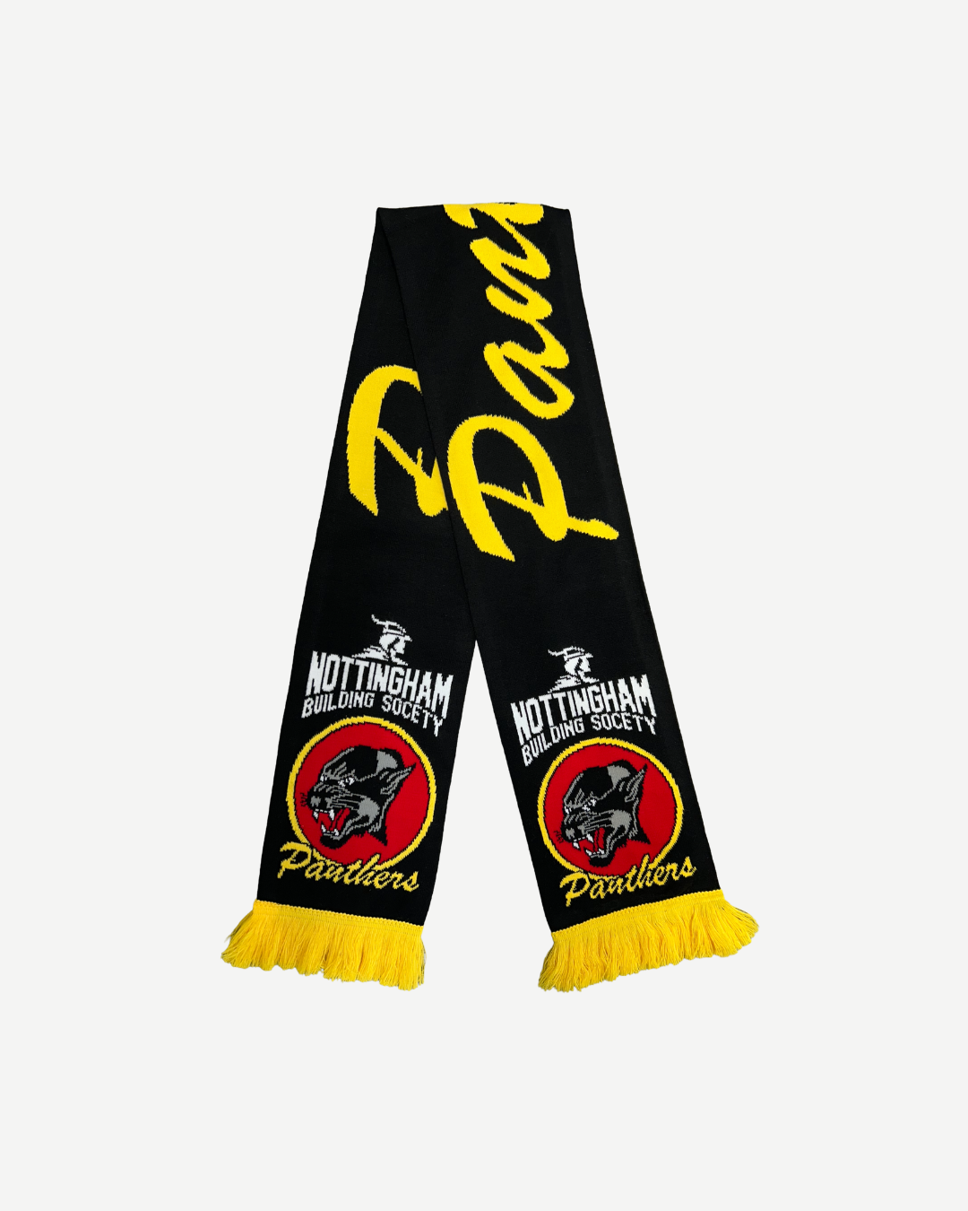 The Nottingham Panthers Text Retro Scarf by Panthersland features retro styling in black with yellow fringe, yellow script, a panther logo in a red circle, NOTTINGHAM BUILDING SOCIETY text, and red Panthers text at each end—perfect for match day.
