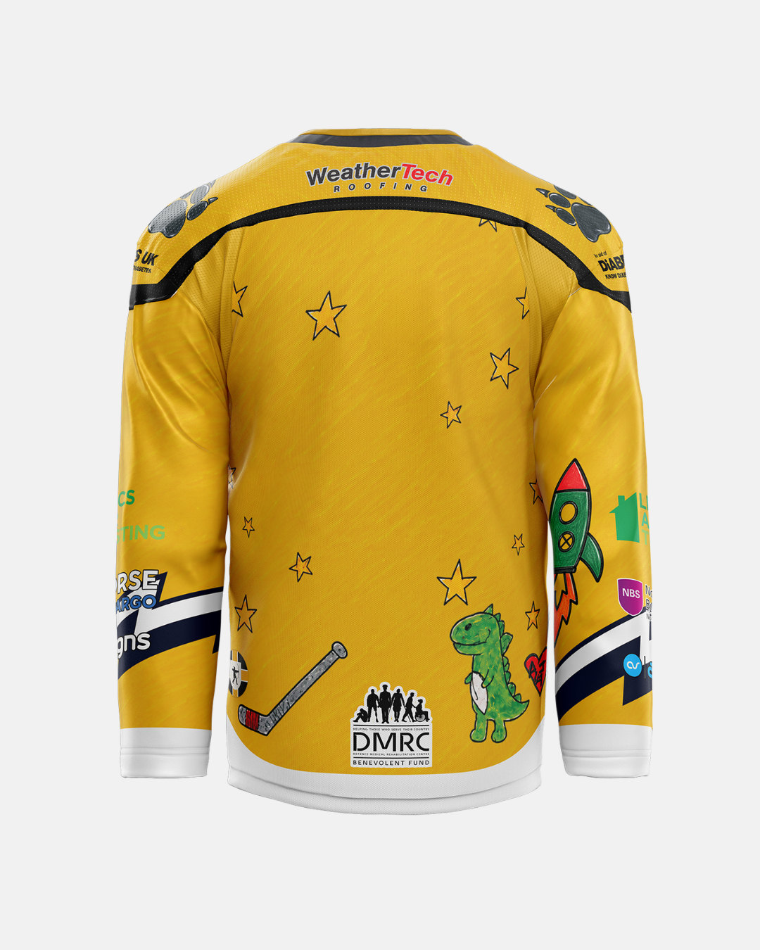 The Nottingham Panthers 2026/27 Classic Replica Kids Takeover Jersey features a vibrant yellow design with cartoon stars, a rocket, a dinosaur, a hockey stick, and multiple sponsor logos on the back. This sublimated jersey boasts white cuffs and a white bottom hem, perfectly capturing the lively energy of classic replica styles for the 2026/27 season.
