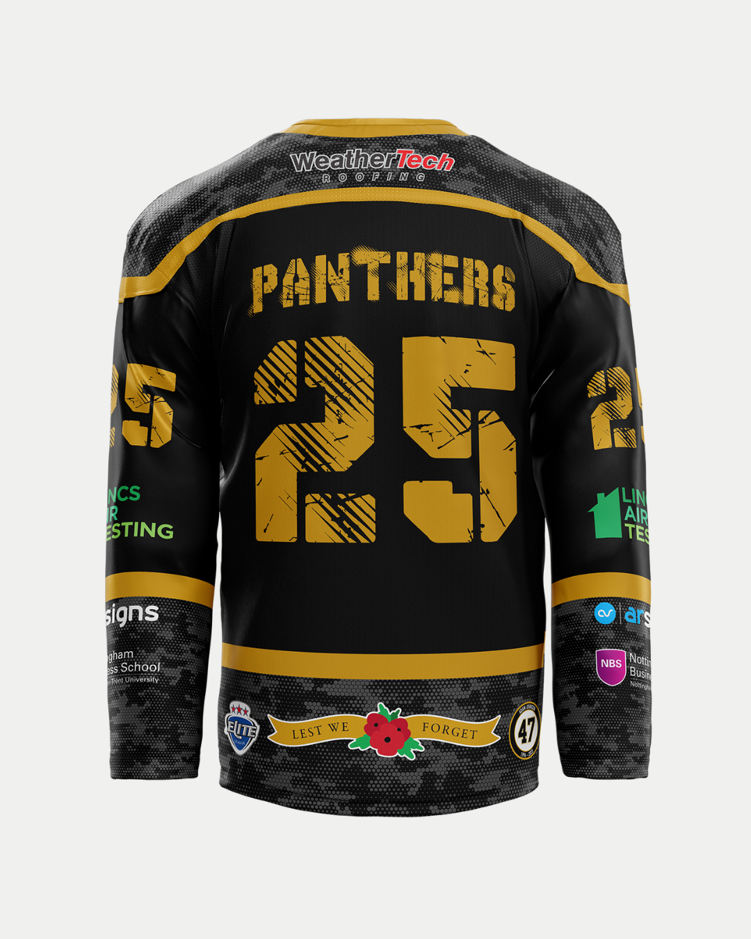 The Panthersland 2025/26 Classic Team Replica Remembrance Jersey features a black and gold design with sponsor logos, a poppy graphic, “LEST WE FORGET” above the number 47, and a custom name and number on the back.