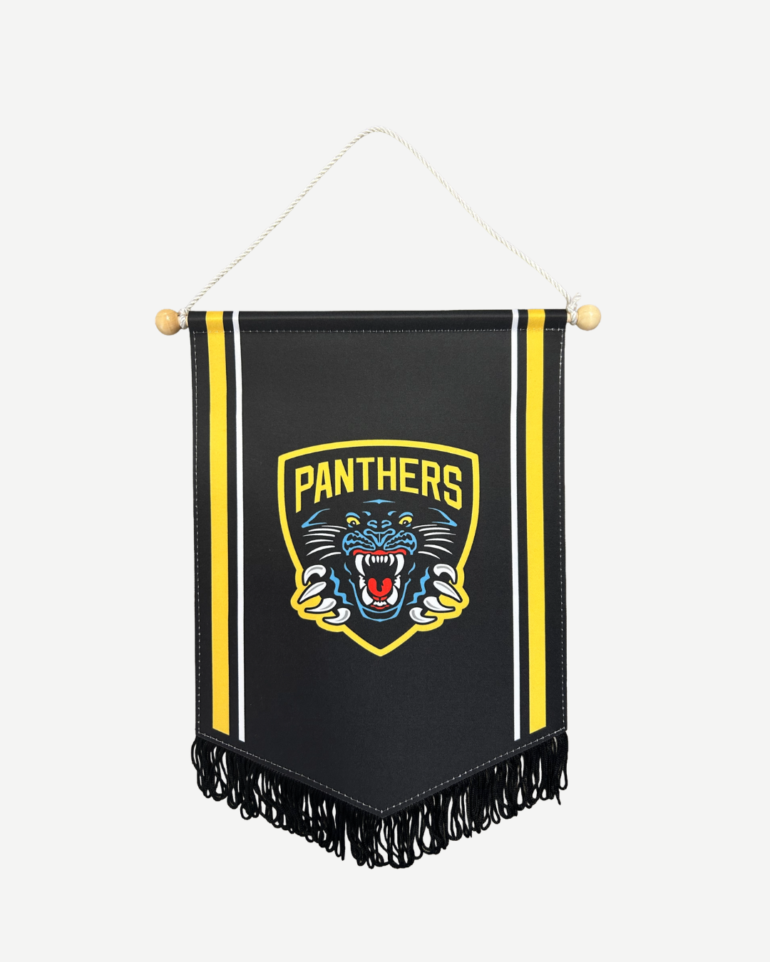 The Panthersland Nottingham Panthers Pennant is a black hanging banner with yellow and white stripes, a snarling panther head “Panthers” logo, and black fringe at the bottom.