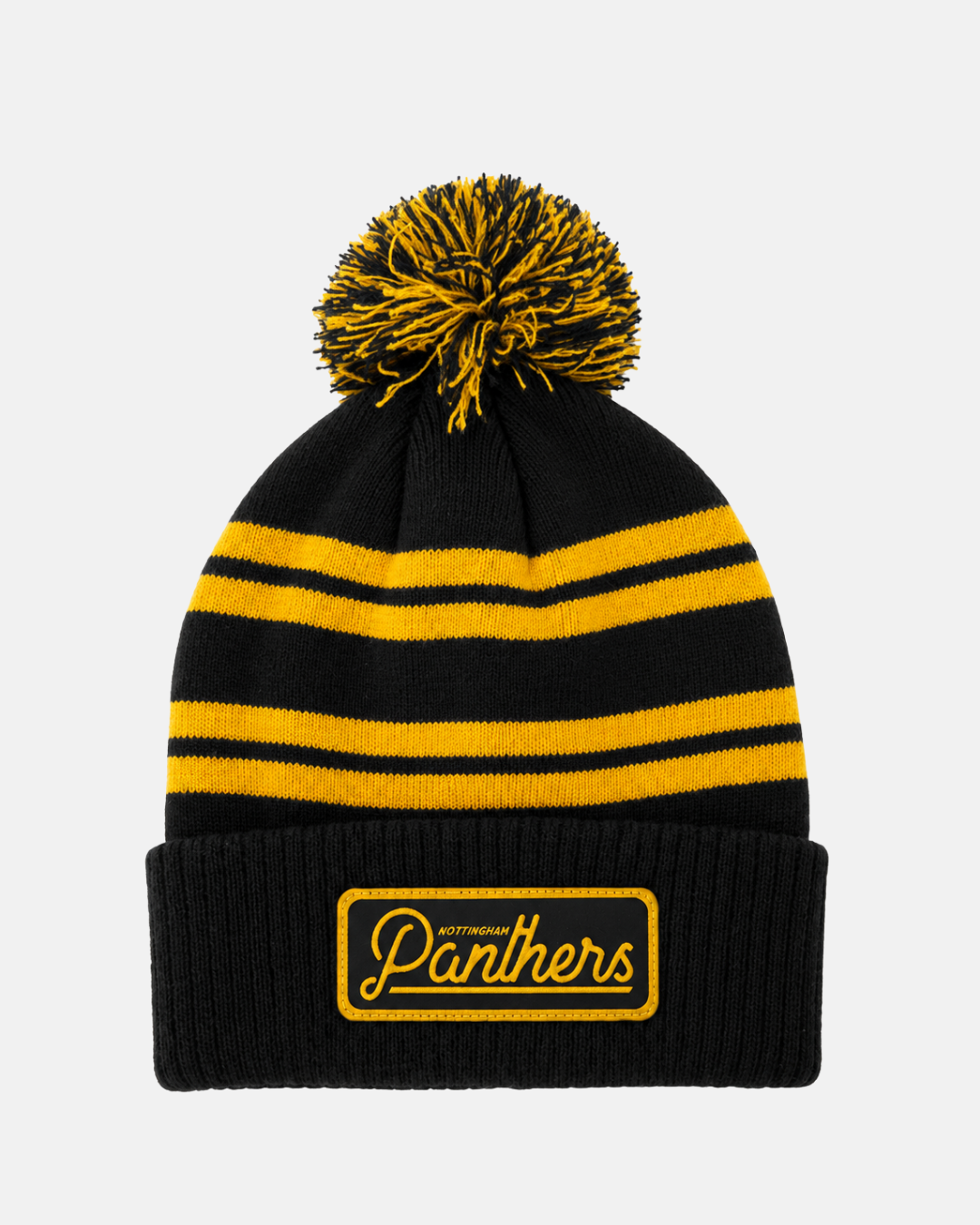 The Panthersland 26-27 Script Pom Knit is a black knit beanie featuring yellow stripes, a black and yellow pom-pom on top, and a “Panthers” patch on the folded brim—perfect for showing your team pride in style.