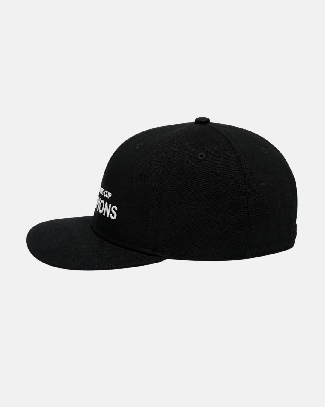 A Nottingham Panthers 2026 Challenge Cup Champions Retro Snapback Cap by Nottingham Panthers, made from black cotton twill with white embroidered text on the front, displayed from the left side against a plain light gray background.