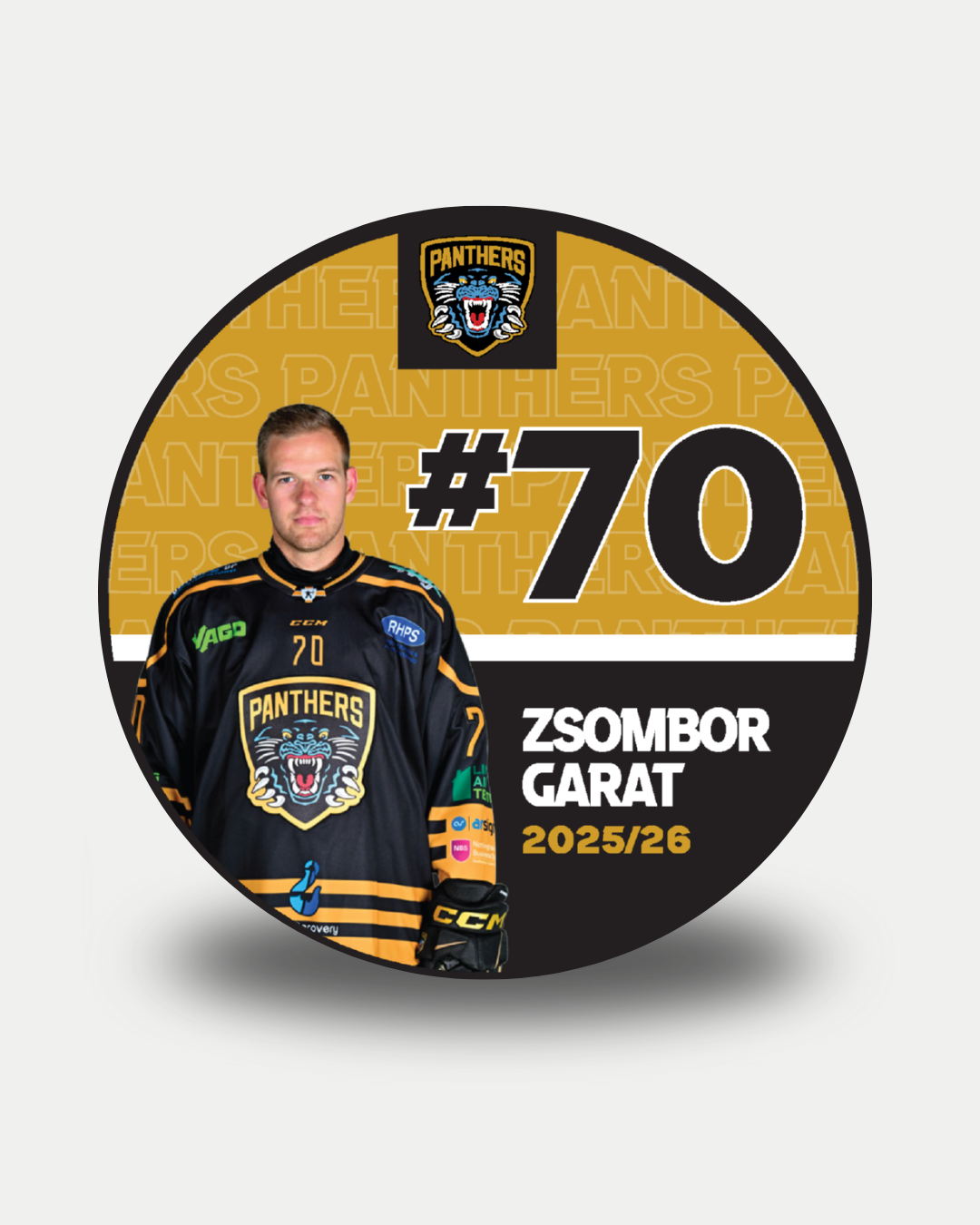 A circular graphic shows Zsombor Garat in a black Nottingham Panthers jersey with #70 and 2025/26, plus the Panthers logo. This limited edition 2025-26 Panthers Player Puck is perfect for Nottingham Panthers ice hockey fans.