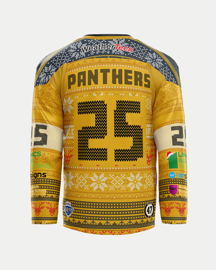 Celebrate the season in the Panthersland 2025/26 Classic Team Replica Christmas Sweater Jersey—gold and black with PANTHERS above the number 25, snowflake and reindeer patterns, plus sponsor logos. A festive must-have for unique jersey fans!.