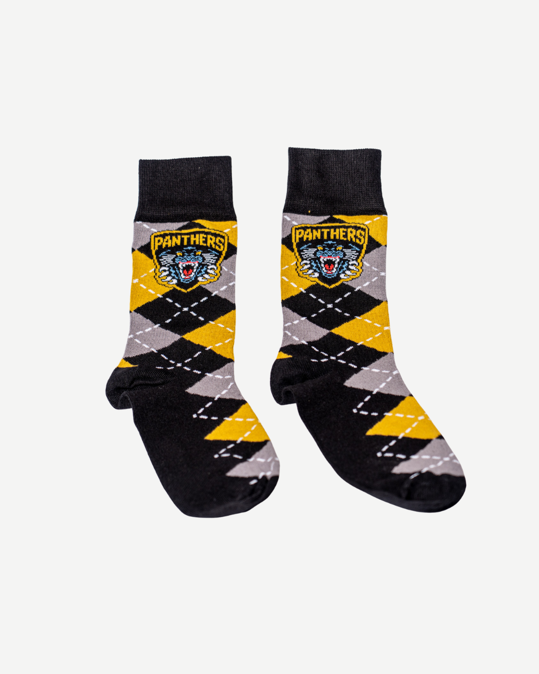 Panthersland Nottingham Panthers Socks—black with yellow and gray argyle patterns and roaring Panthers crest logo on each sock—displayed on a white background.