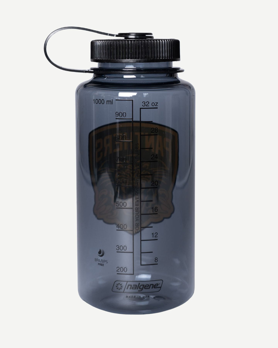 The Panthersland Panthers x Nalgene 1L Water Bottle is translucent gray, BPA-free, with a wide mouth, black screw-on lid, and milliliter/ounce markings. A faded graphic with text shows through the bottle.