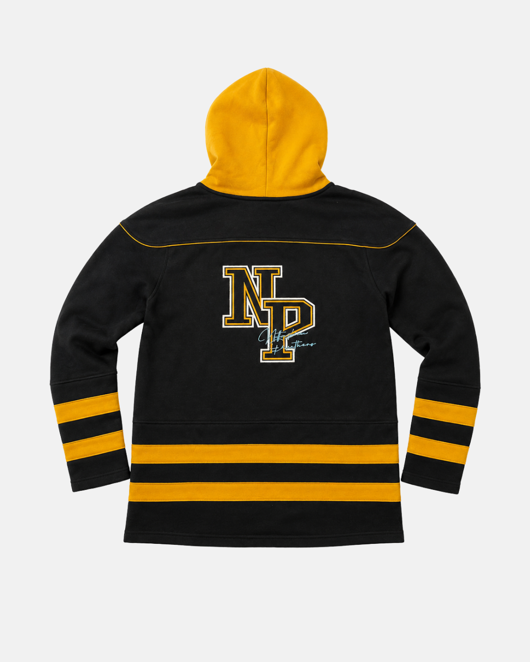 Panthersland 26-27 NP Lace Hoodie in black and yellow features a yellow hood, NP logo, and signature on the back, with gold stripes accenting the sleeves and hem for a bold hockey-inspired look.