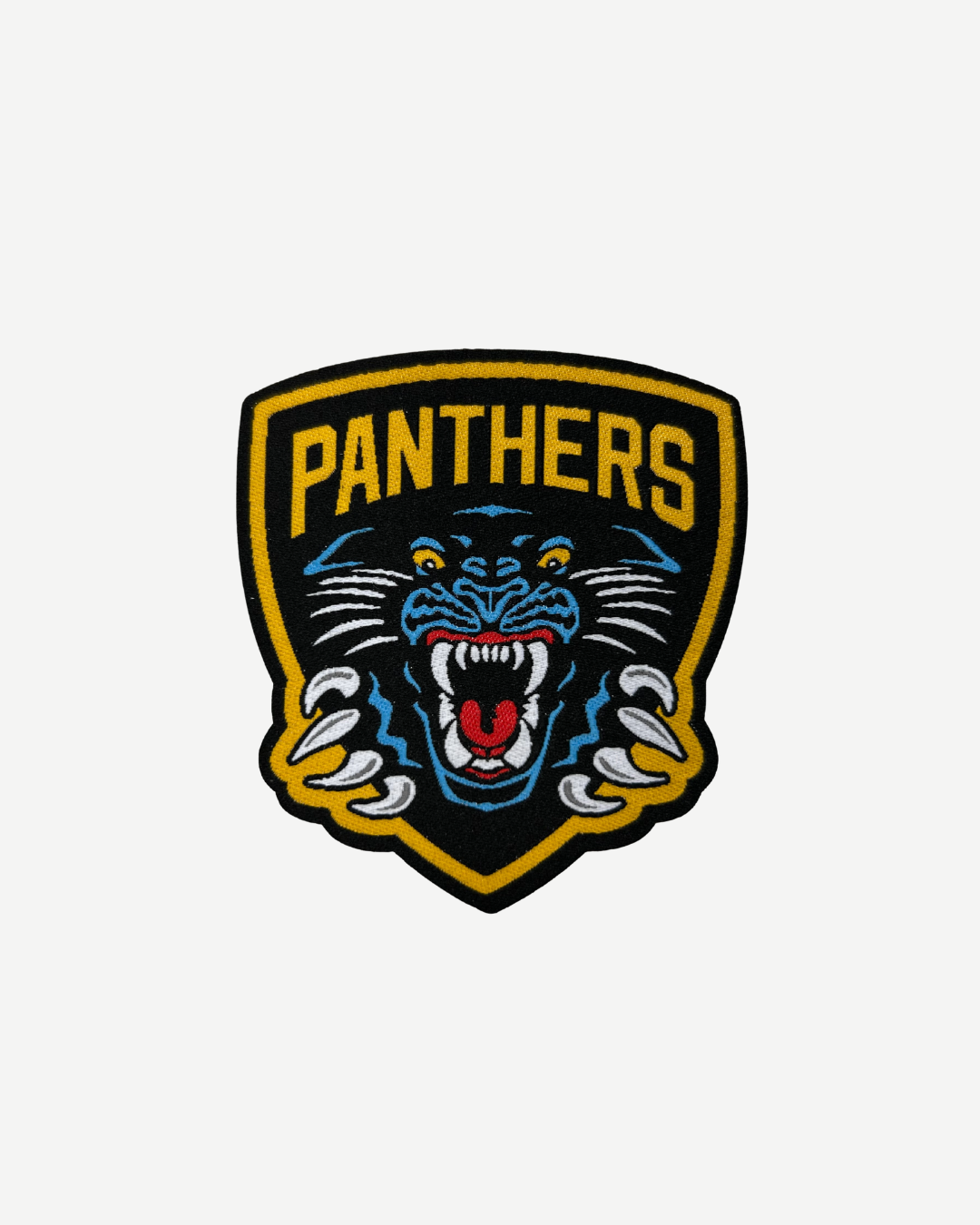 The Panthersland Nottingham Panthers Crest Patch features a snarling black panther with blue highlights on a yellow shield and "PANTHERS" in bold, making it the perfect iron-on patch for fans.