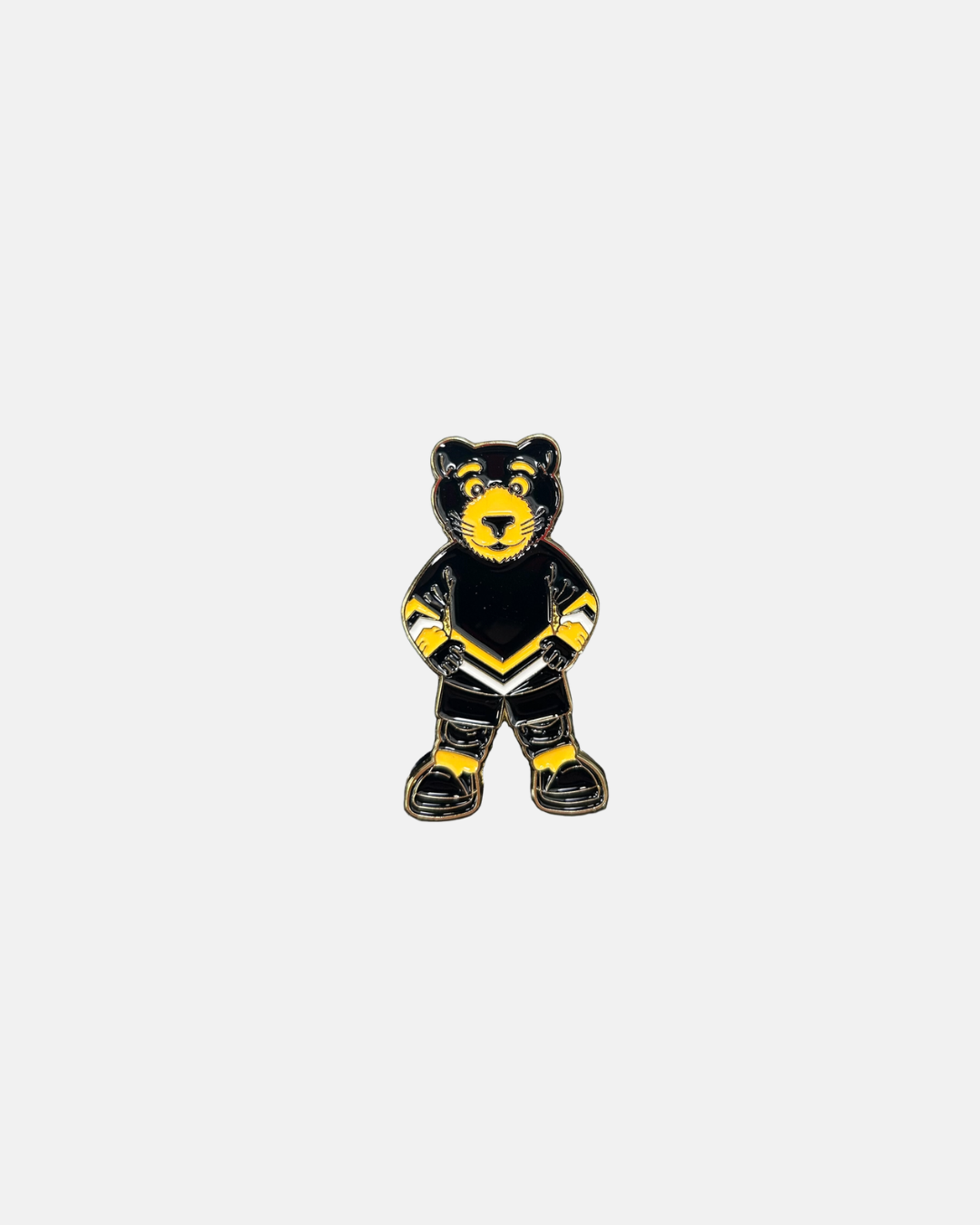A Panthersland Nottingham Panthers Paws Magnet depicting a cartoon bear standing upright in a black and yellow sports uniform, with its hands at its sides, shown against a plain white background.