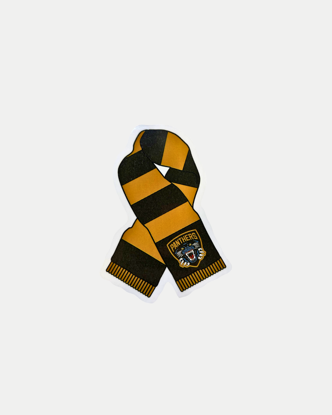 A Wooden Scarf Magnet from Panthersland featuring yellow and black stripes with a “Panthers” logo and emblem on one end, shown against a plain white background.