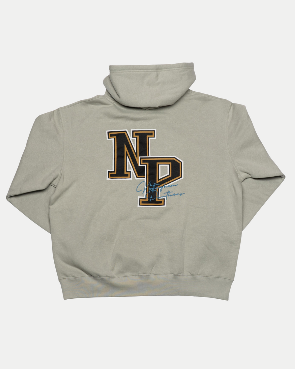 The Nottingham Panthers 25-26 Grey NP Logo Hoodie by Panthersland features a large black and gold outlined NP logo on the back with small cursive text below—ideal apparel for dedicated Panthers fans.