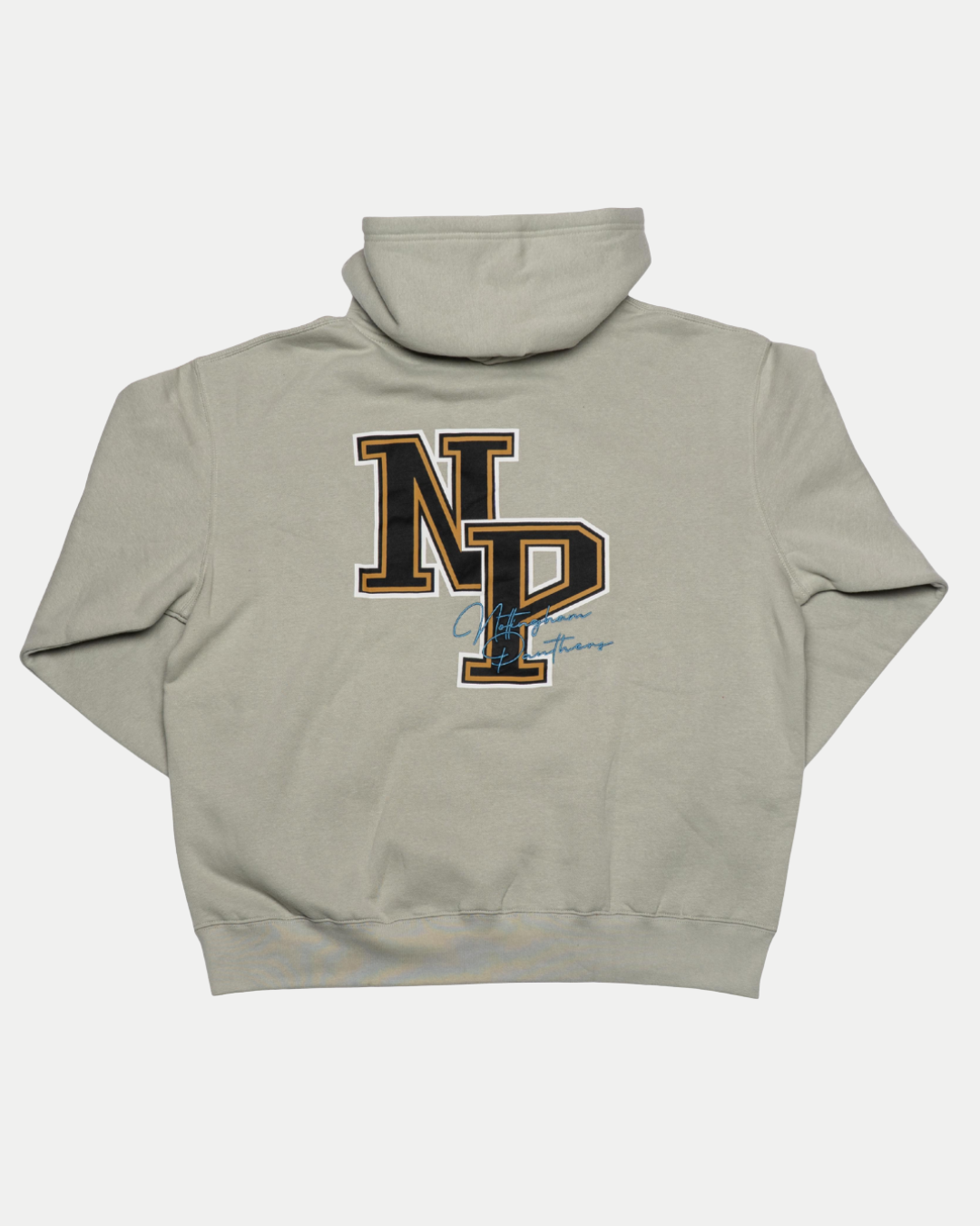 The Nottingham Panthers 25-26 Grey NP Logo Hoodie by Panthersland features a large black and gold outlined NP logo on the back with small cursive text below—ideal apparel for dedicated Panthers fans.
