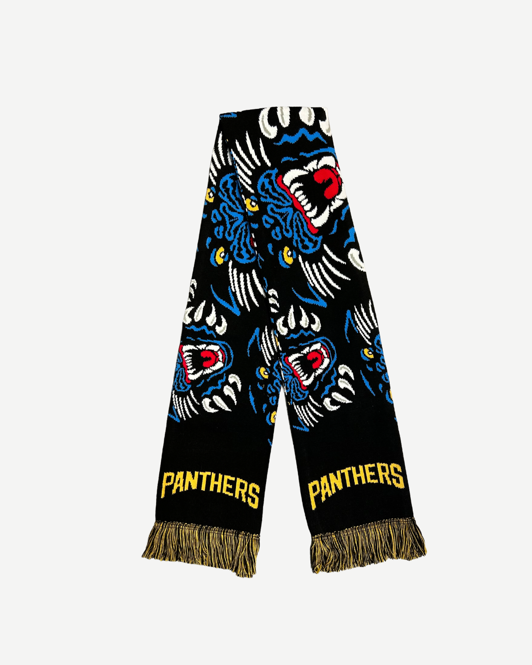The Panthersland Nottingham Panthers 2026 Multi Crest Scarf is a black scarf with colorful panther crests, “PANTHERS” in yellow at both ends, and gold fringes—a bold match day accessory.