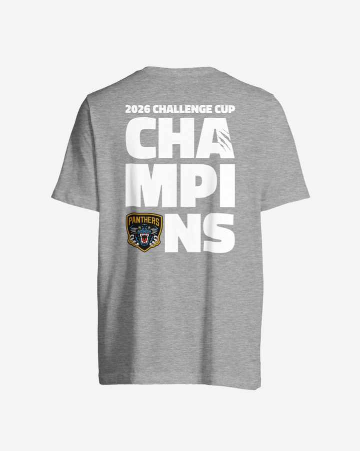 Celebrate victory in the Nottingham Panthers 2026 Challenge Cup Champions T-Shirt Grey, featuring bold CHAMPIONS lettering and a roaring panther logo with blue, red, and gold accents. Made to order for devoted Nottingham Panthers fans.