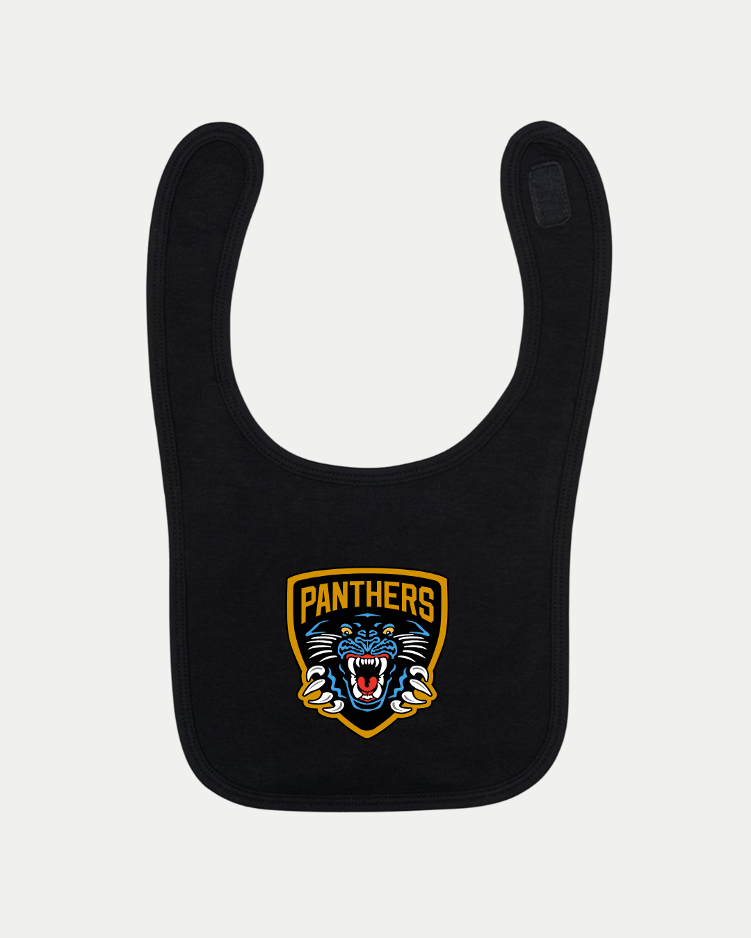 The Nottingham Panthers Baby Bib from Panthersland features a snarling panther mascot and bold yellow "PANTHERS" lettering above the head on black fabric, perfect for young fans.