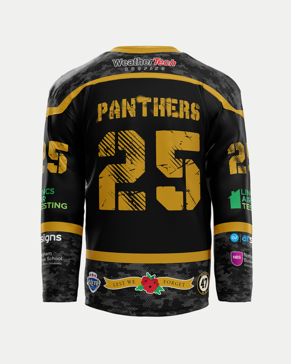 The Panthersland 2025/26 Classic Custom Replica Remembrance Jersey features a black design with gold text, PANTHERS and 25 on the back and sleeves, multiple sponsor logos, plus a poppy with LEST WE FORGET. Ideal for custom jersey fans.
