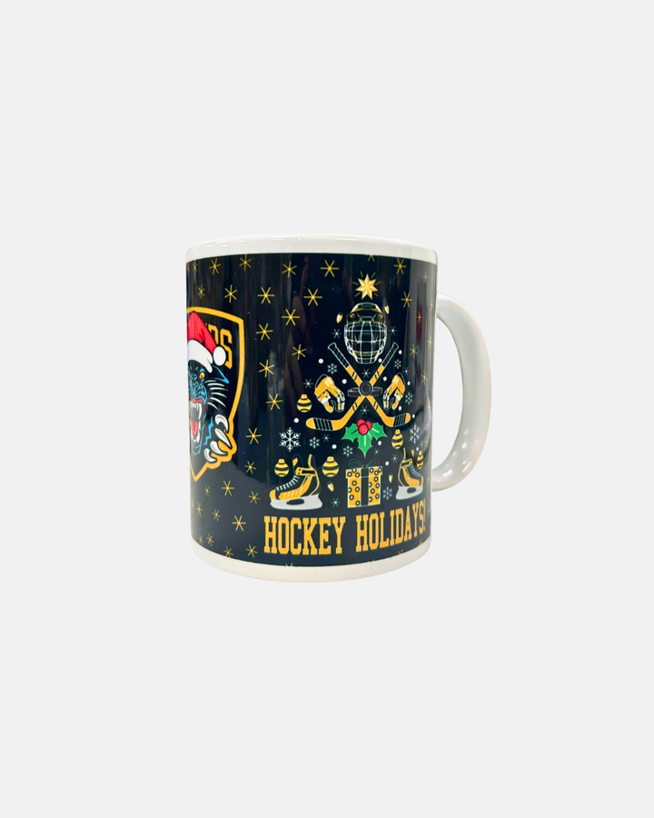 Celebrate the holidays with the Panthersland Nottingham Panthers 2026 Christmas Mug, featuring a festive hockey design with a panther in a Santa hat, crossed hockey sticks, skates, and “Hockey Holidays” text on a dark, starry backdrop—perfect for enjoying your favorite seasonal drink.