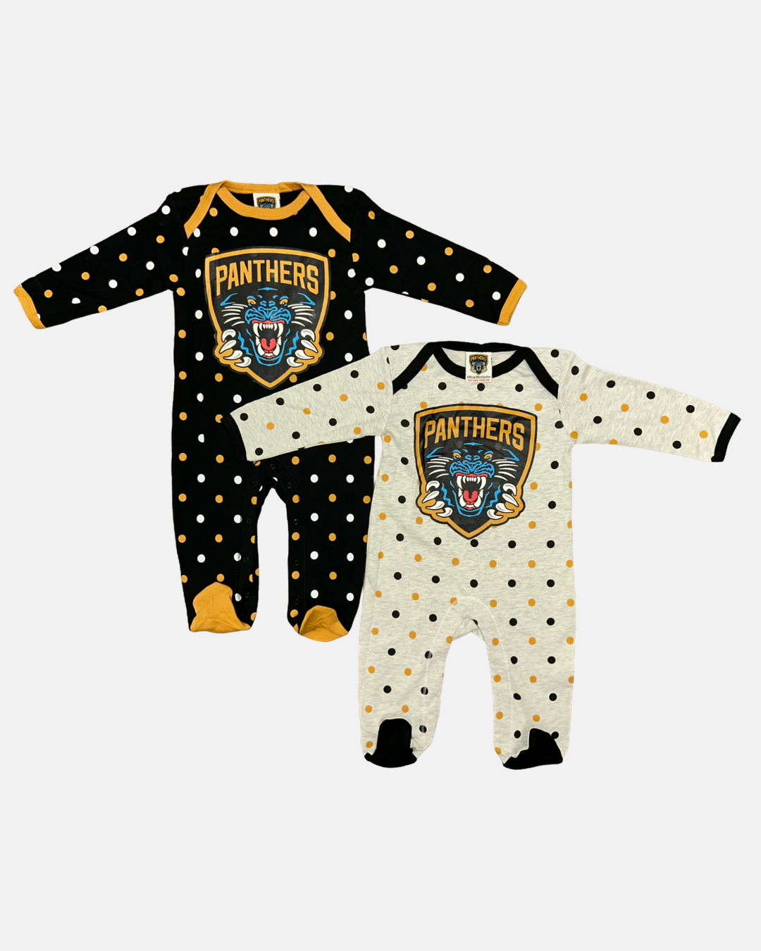 Dress your little fan in Panthersland style with the Nottingham Panthers Baby Sleepsuit Twin Pack. This set includes one black and one white polka-dot sleepsuit, both featuring the yellow, black, and white Nottingham Panthers logo with a roaring panther head and contrasting cuffs. The perfect comfortable addition to your baby's wardrobe, these adorable suits are ideal for any future Panthers supporter!.