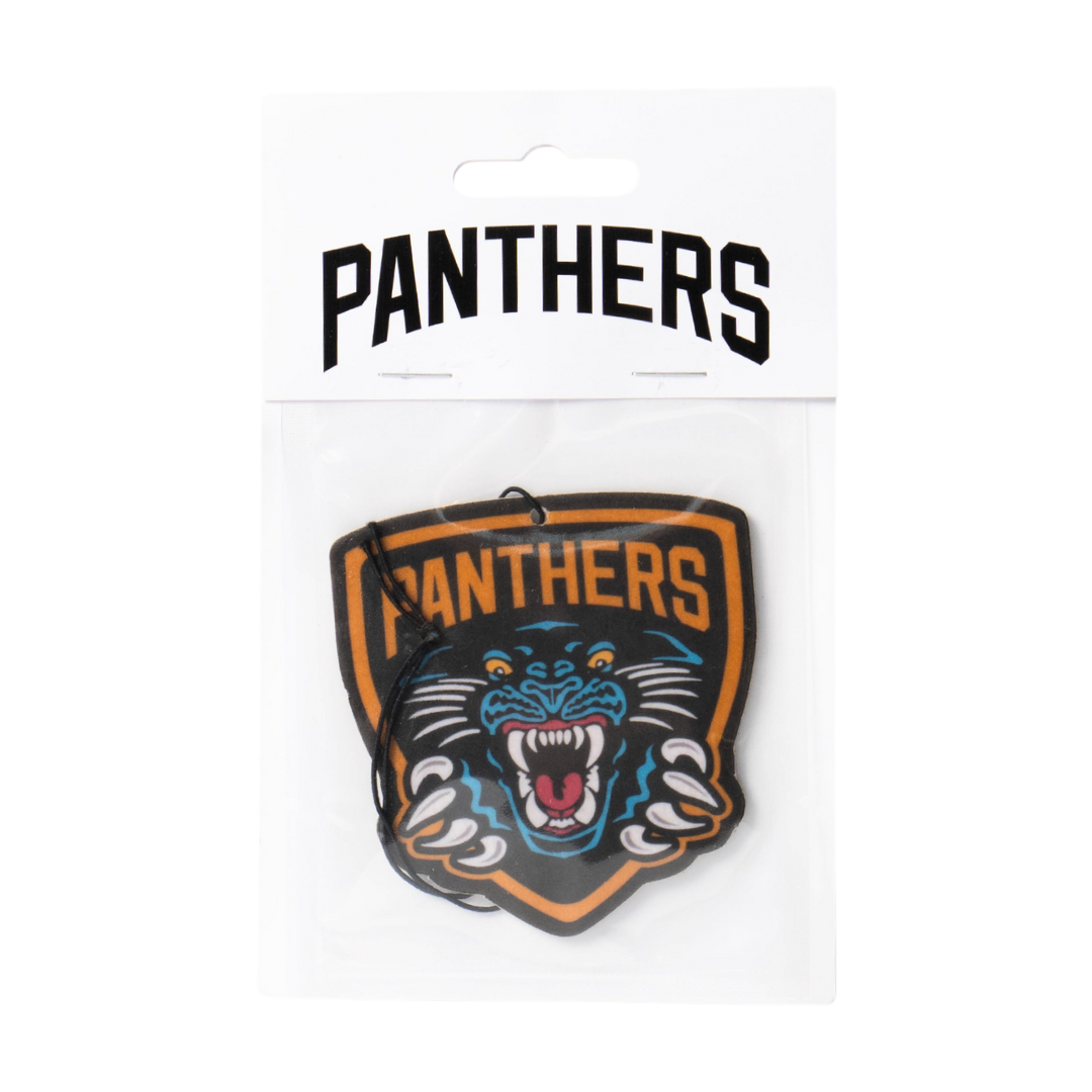 The Nottingham Panthers Air Freshener features a bold team logo with a snarling panther, packaged in a clear plastic bag with a “PANTHERS” header card—ideal for fans wanting team spirit and freshness.