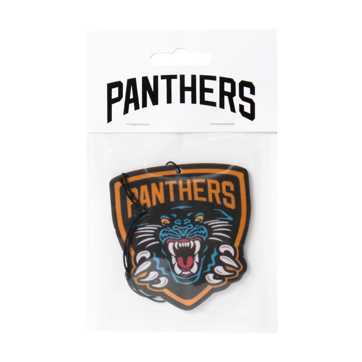The Nottingham Panthers Air Freshener features a bold team logo with a snarling panther, packaged in a clear plastic bag with a “PANTHERS” header card—ideal for fans wanting team spirit and freshness.