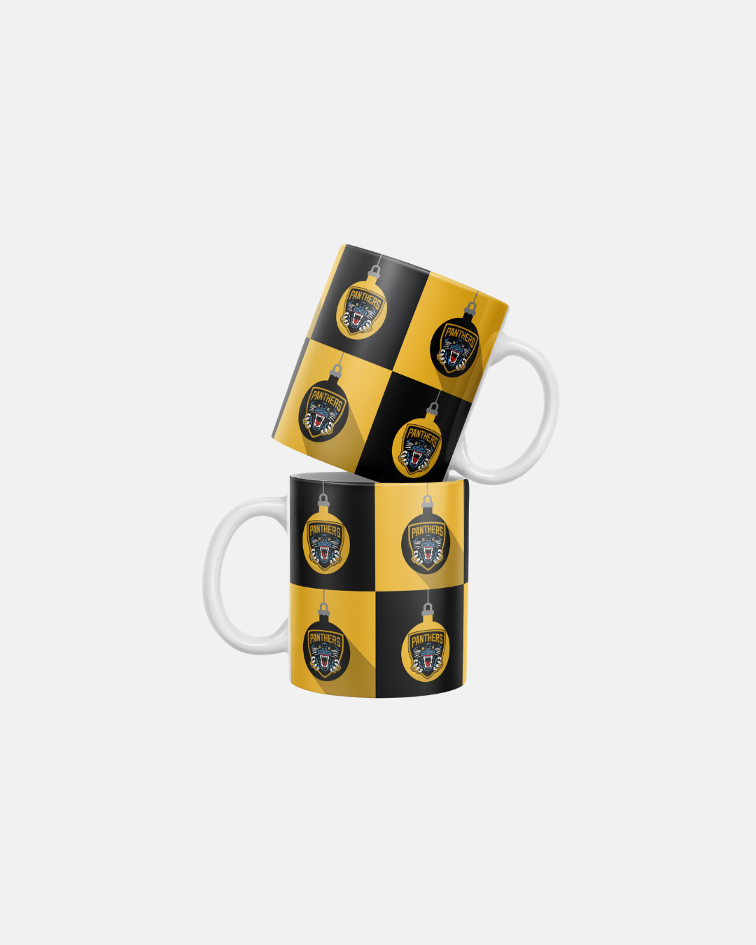 Two Nottingham Panthers Xmas Baubles Mugs stacked vertically, patterned with a black and gold checkerboard containing a repeating panther logo inside a Christmas bauble shape, crafted to order.
