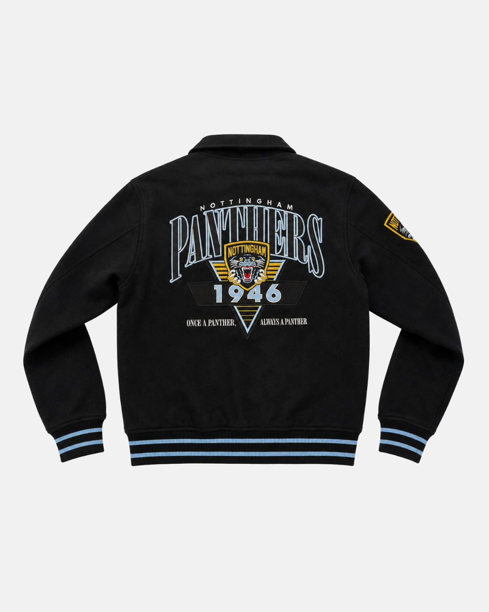 Step into heritage style with the Panthersland 26-27 Vintage Varsity Jacket—a classic black design accented by light blue stripes, showcasing Nottingham Panthers 1946 and Once a Panther, Always a Panther on the back. This jacket features an iconic panther logo patch on the left sleeve and an embroidered Panthers crest, perfectly capturing vintage-inspired flair.