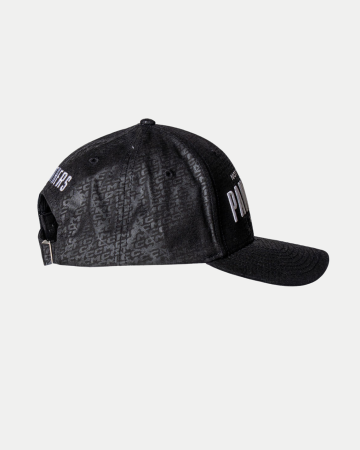 The Panthersland Nottingham Panthers 25-26 CCM Black Adjustable Cap features a curved brim, subtle patterned text on the side panels, embroidered white text on the front and side, and an adjustable strap, set against a plain light background.