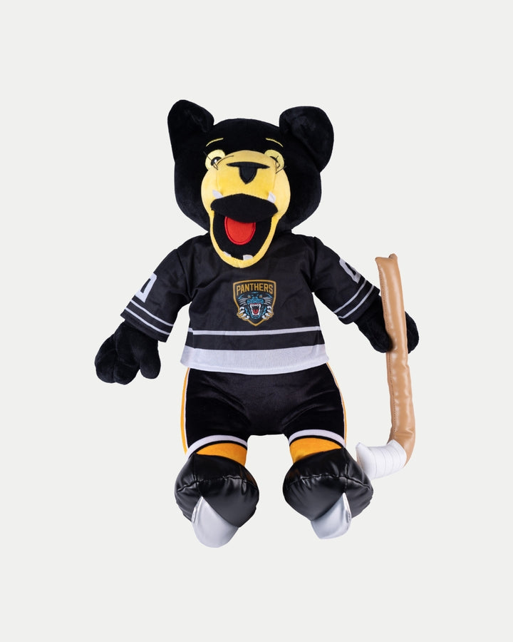 The Nottingham Panthers Paws Plush Bundle features a stuffed panther in a black hockey uniform with the team logo, holding a brown hockey stick and smiling—perfect for any fan!.
