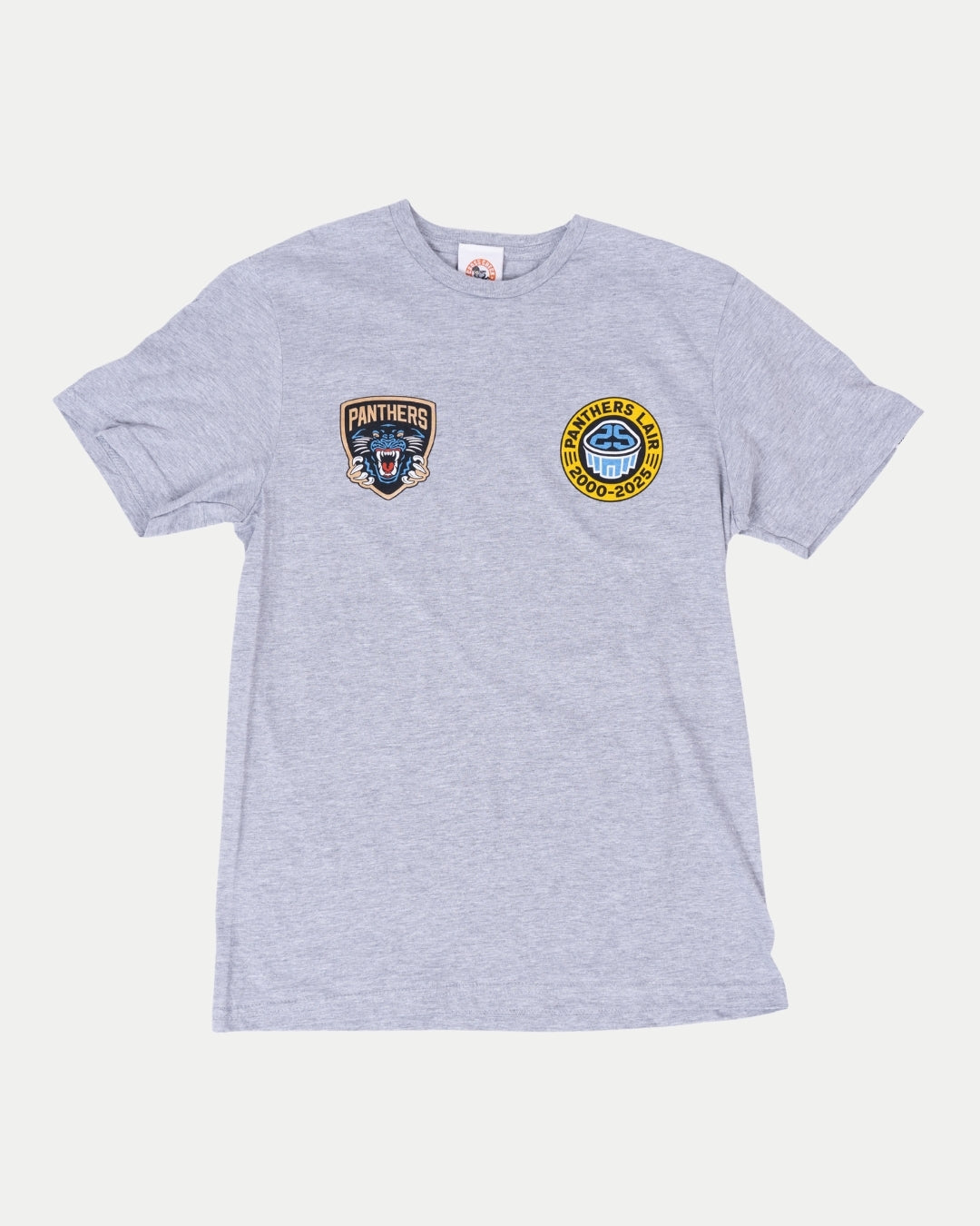 The Nottingham Panthers 25th Anniversary Grey T-Shirt features short sleeves, a panther and PANTHERS chest patch, plus a circular yellow patch celebrating UNIVERSITY 2000–2020.
