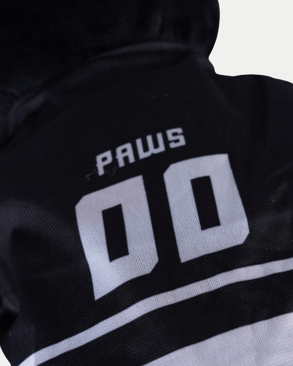 A close-up of a sleek black Nottingham Panthers Big Ice Skating Paws sports jersey features bold white block PAWS 00 on the back and a stylish hood visible at the top.