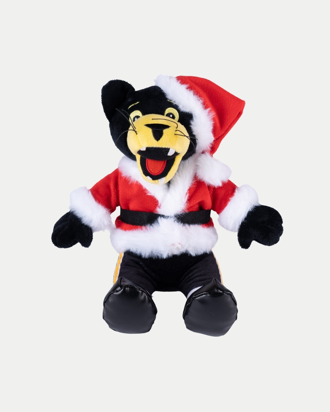 The Santa Paws Plush by Nottingham Panthers features a black panther mascot in a festive red and white Santa outfit, cheerfully posed against a plain white background.
