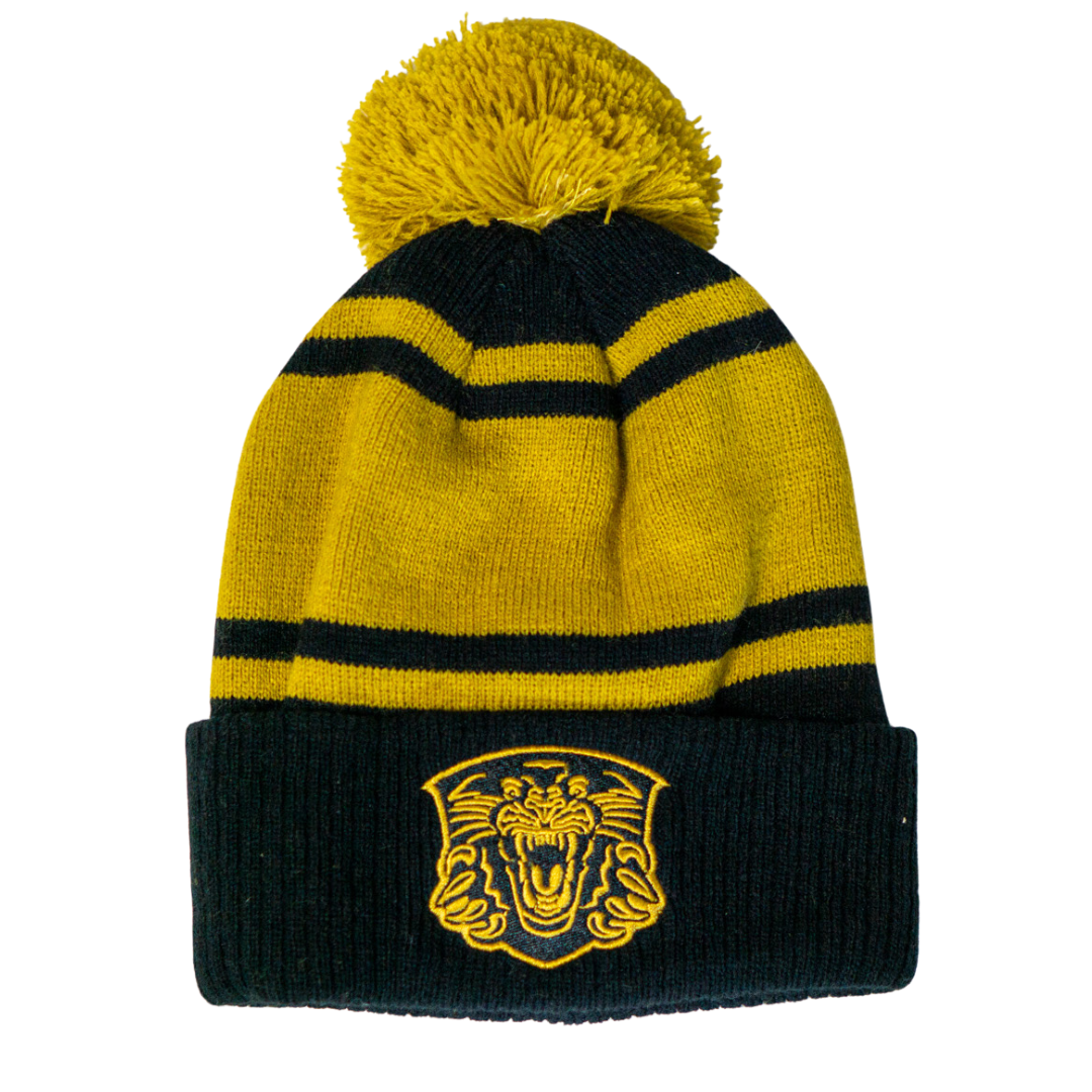 A winter essential, the Panthersland Nottingham Panthers 25-26 Gold Stripe Pom Knit beanie features yellow and dark blue stripes, a gold pom-pom, and a roaring tiger patch—perfect for any Panthers fan.
