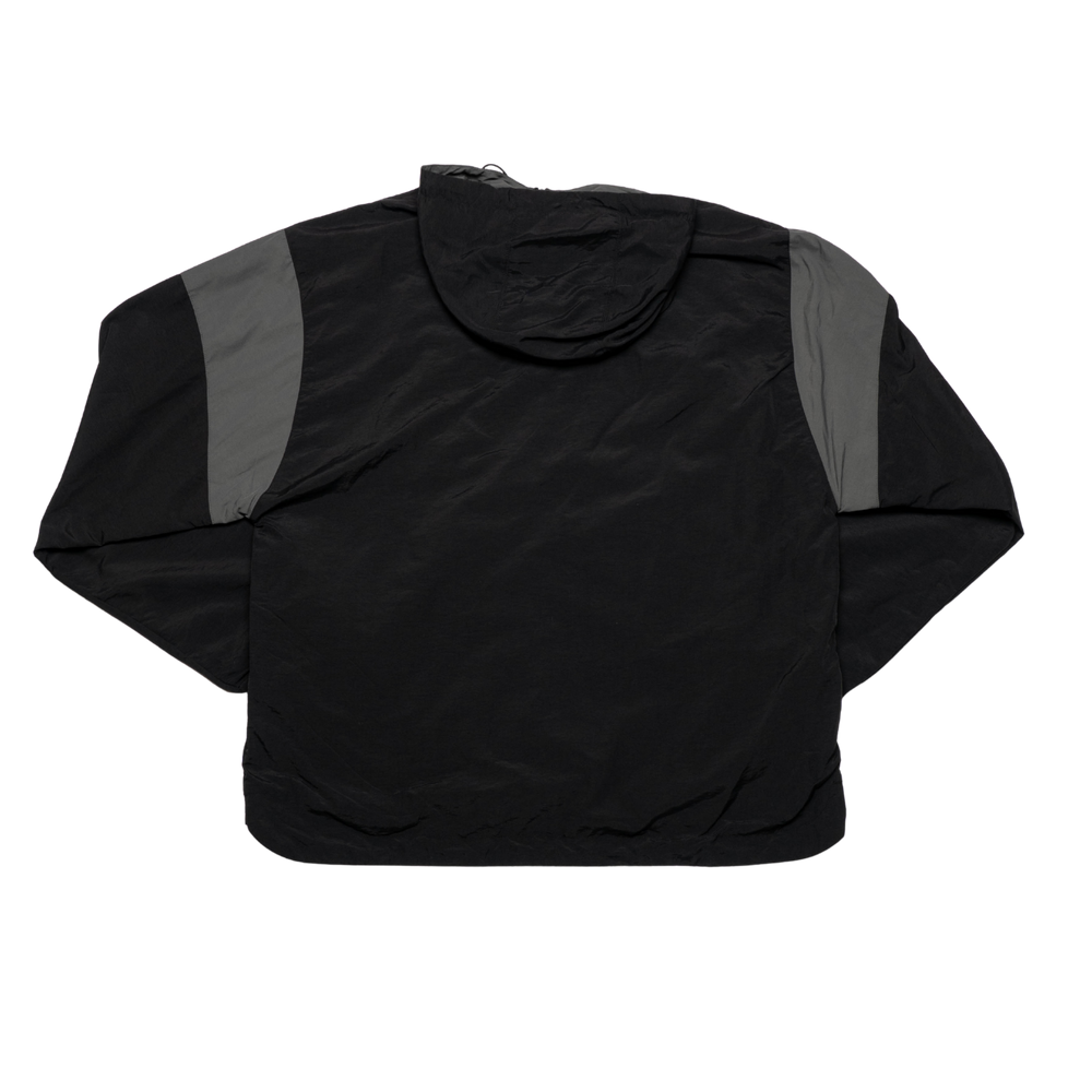 The Panthersland Nottingham Panthers Anorak Black 25-26 is a water-resistant black overhead jacket with dark gray upper sleeve panels, displayed from the back against a white background.