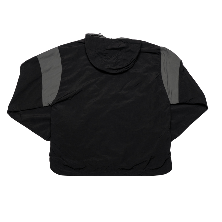 The Panthersland Nottingham Panthers Anorak Black 25-26 is a water-resistant black overhead jacket with dark gray upper sleeve panels, displayed from the back against a white background.