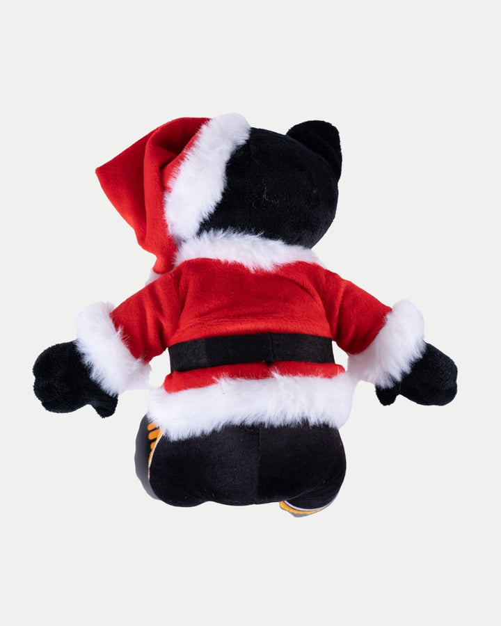 The Nottingham Panthers Santa Paws Plush features a plush black cat seen from behind, wearing a festive red Santa outfit with white fur trim and a matching hat—perfect for holiday fans and collectors.