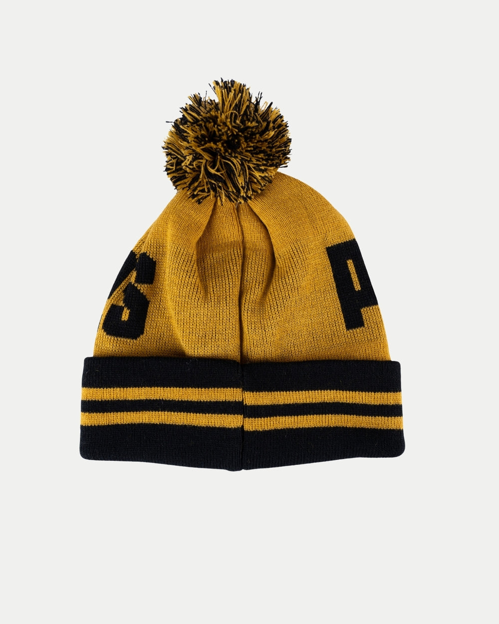 The Nottingham Panthers 24-25 Black Team Pom Knit by Nottingham Panthers is a yellow and black beanie with a pom-pom, black horizontal stripes near the brim, and large black letters partially visible on the front.