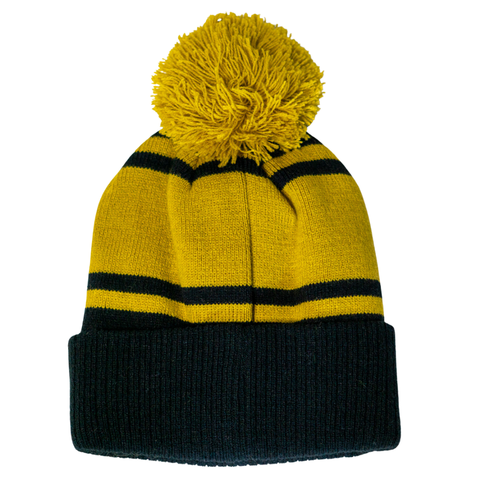 Stay warm in style with the Panthersland Nottingham Panthers 25-26 Gold Stripe Pom Knit, featuring a wide dark blue cuff, yellow crown with two navy stripes, and a bold yellow pom-pom on top.