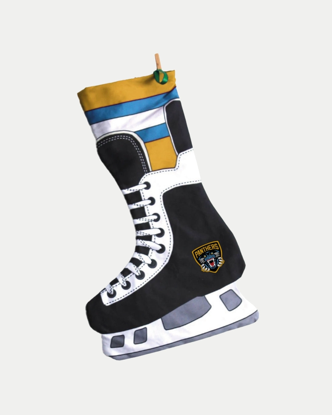 The Nottingham Panthers Christmas Stocking is a festive ice skate-shaped stocking featuring the Nottingham Panthers logo near the ankle and a small green clothespin at the top—perfect for dedicated hockey fans.